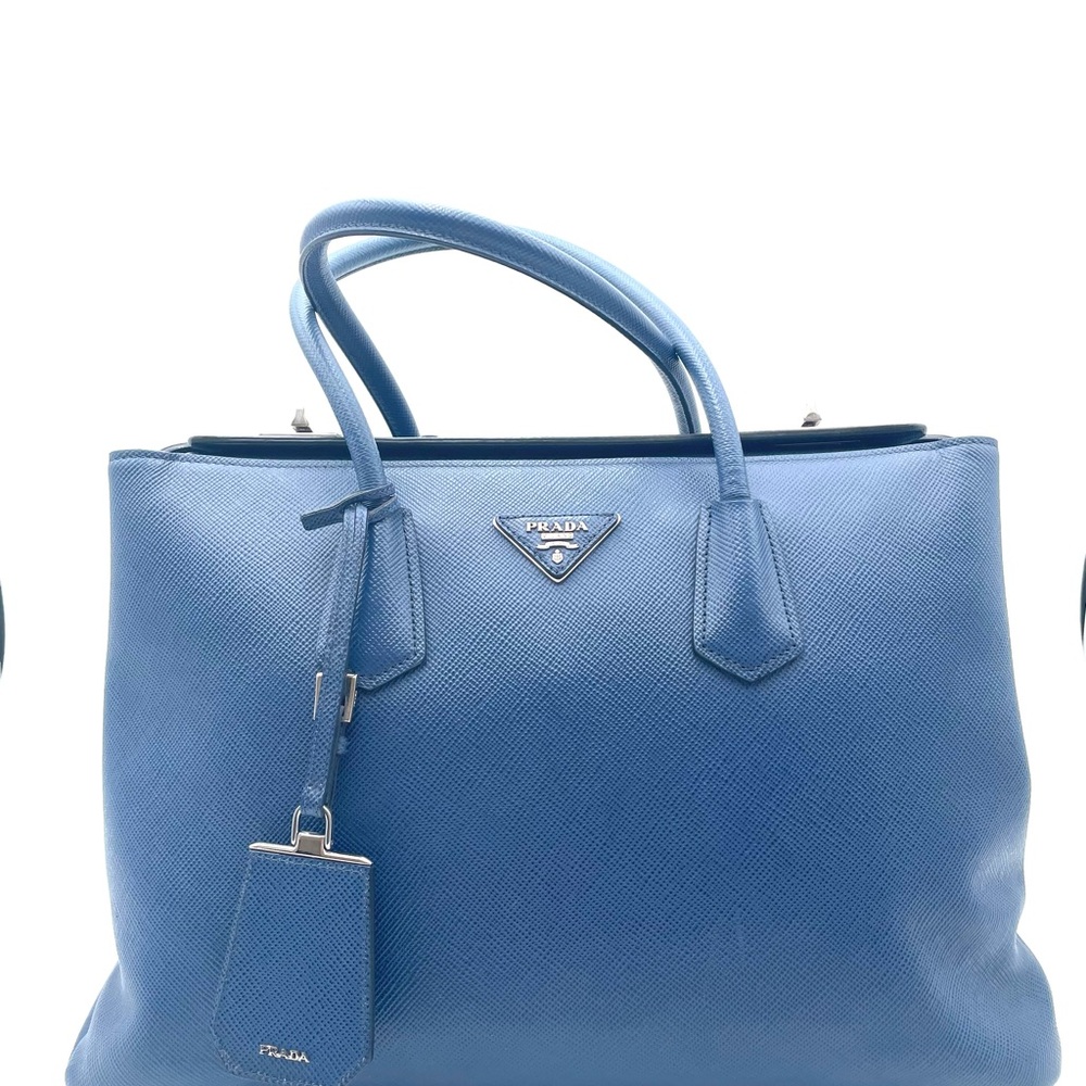 Prada Blue Saffiano Cuir Large Twin Tote